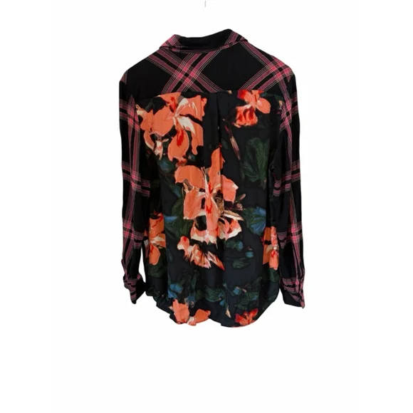 Guess Los Angeles Plaid Floral Blouse Womens XL Black Pink Button Down - Picture 4 of 10
